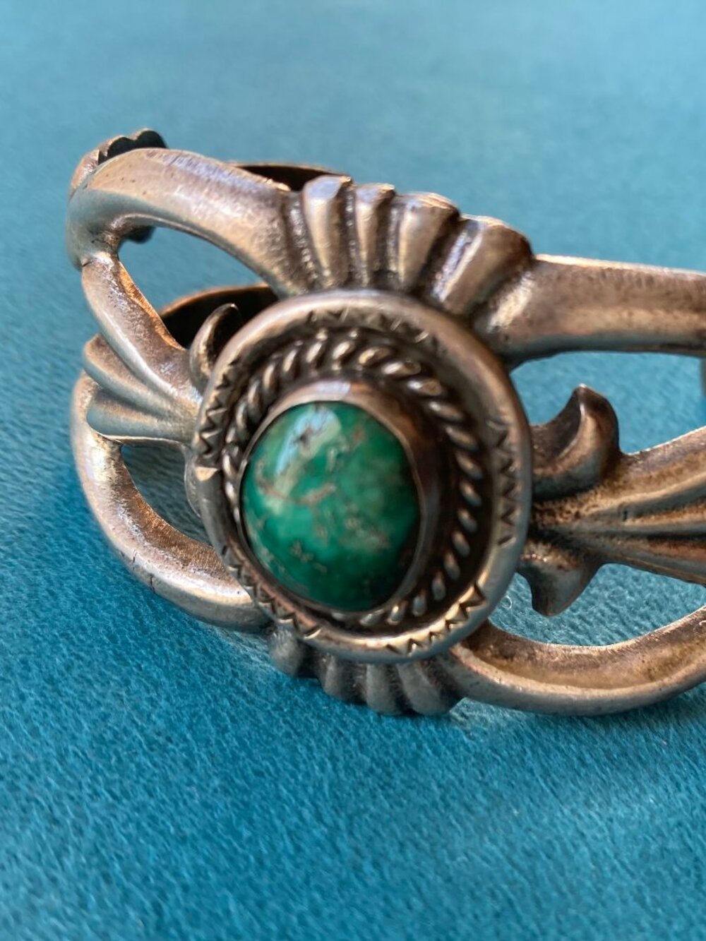 HEAVY Vintage Navajo Sandcast Cuff Bracelet with Turquoise Cabochon